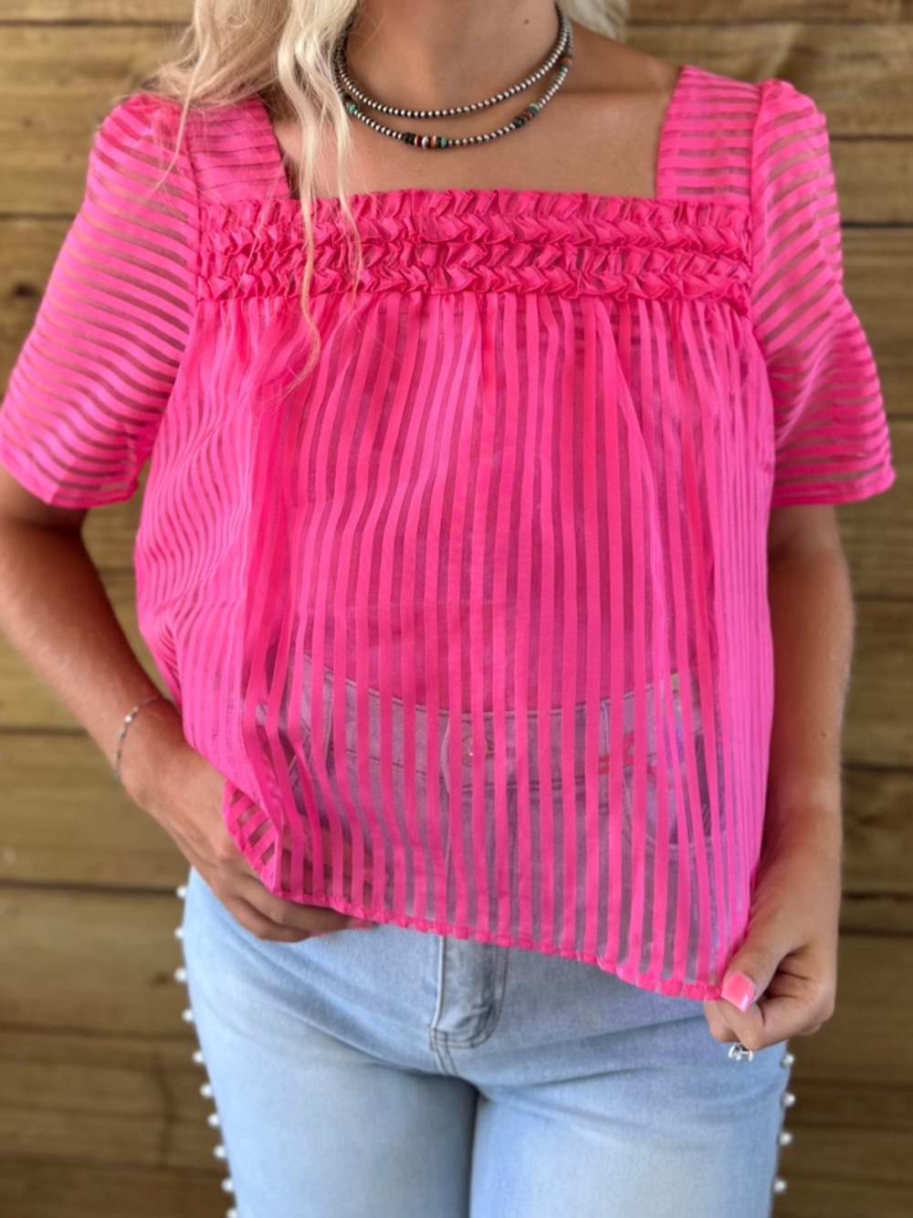 New! Women’s Hot Pink Sheer Square-Neck Top by Very J small
